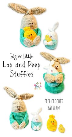 the crochet pattern for little lop and pee stuffed animals is shown here