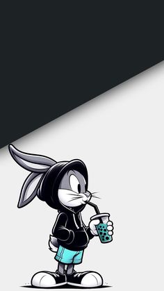 an image of a cartoon bunny holding a drink in one hand and looking at the camera