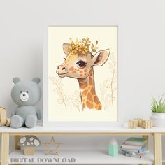 a giraffe with a flower crown on it's head sitting next to a teddy bear