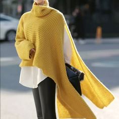 This Sweater Has So Much Drama With It. It’s A Pullover Turtleneck With One Sleeve One Side Open That Hangs Below The Hip Very Thick Tight Woven Handmade Spicy Mustard Color Shirt Not Included Long Side Split Sweater, Turtleneck Sweater Poncho, Asymmetrical Knitted Sweater, Elegant Long Oversized Sweater, Oversized Chic Acrylic Sweater, Trendy Long Sleeve Poncho For Fall, Chic Long Sleeve Poncho, Chic Oversized Long Sleeve Poncho, Chic Long Sleeve Knit Poncho