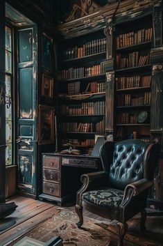 an old fashioned chair sitting in front of a bookshelf