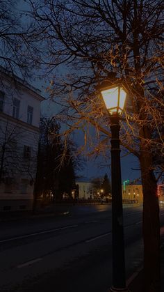 a street light sitting on the side of a road next to a tree with no leaves