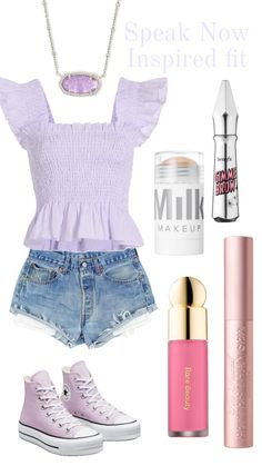 a woman's outfit and accessories including converse, lipstick, perfume bottle, lip bale