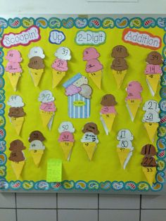 a bulletin board with ice cream cones and numbers