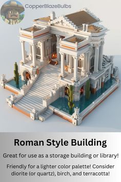 an image of a building made out of legos with text that reads roman style building great for use as a storage building or library