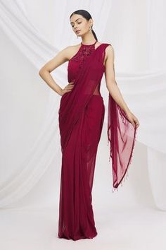 Shop for Arpan Vohra Maroon Georgette Embellished Saree Gown for Women Online at Aza Fashions Burgundy Saree, Embellished Saree, Saree Gowns, Maroon Saree, Gown For Women, Saree Gown, Drape Saree, Luxury Sale, Gowns Online