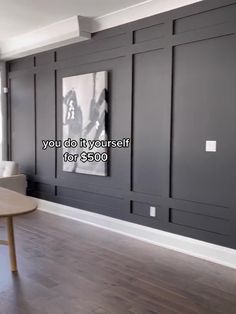 a living room with gray walls and wood flooring that says, you do it yourself for $ 300