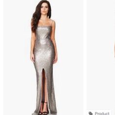 two different dresses, one in silver and the other in silver with high slits