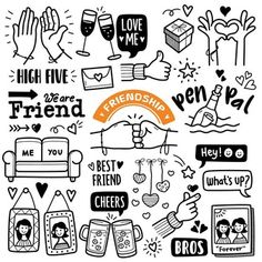 hand drawn doodles with words and symbols for friends day on white background - kosten stock - grafatie bilder