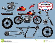 the parts of a motorcycle on a blue background