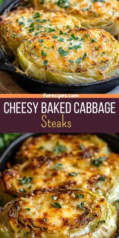 cheesey baked cabbage steaks in a cast iron skillet