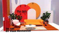 an image of a living room setting with orange and red accents on the walls, white furniture and potted plants