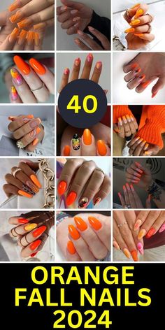 Orange And Gray Nails, Autumn Nails Orange, Orange Trendy Nails, Orange Fall Nail Designs, Orange And Black Nail Designs, Teal Fall Nails, Orange Fall Nails, Acrylic Short Nails, Orange Nail Designs