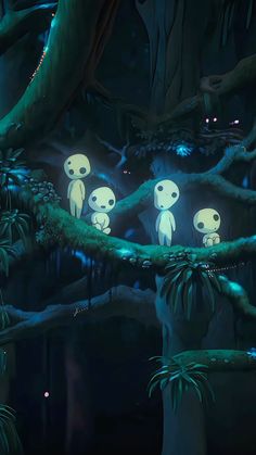 some cartoon characters are sitting in the middle of a forest with glowing lights on them