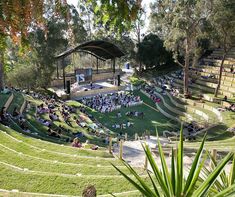 an outdoor theater with people sitting in the seats and on the grass, surrounded by trees