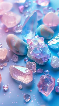 some pink and blue crystals are laying on the ground with water droplets around them,