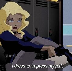 a woman sitting on top of a chair in front of lockers with the caption i dress to impress my self