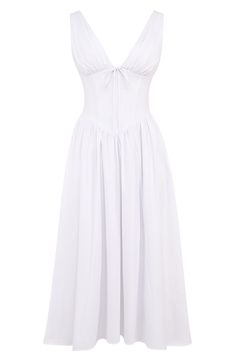 This sweet stretch-poplin midi gets a sultry update with its deeply dipped neckline and corseted bodice. Exclusive retailer Hidden back-zip closure Deep V-neck Sleeveless Lined 65% cotton, 32% nylon, 3% elastane Dry clean Imported White Midi Dress With Corset, V Nevk White Dress, White Dress V Neck, Mia Dress, Getaway Dress, Cotton Corset, House Of Cb Dresses, White Corset, Inner Goddess