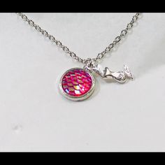 Round Pink Mermaid Scale Cabochon Pendant With Silver Mermaid Charm Necklace. Cabochon Is 12mm Wide And Comes With A Dainty 18” Chain. Adjustable Pink Charm Necklace, Adjustable Pink Round Charm Necklace, Pink Adjustable Round Charm Necklace, Scale Necklace, Silver Mermaid, Kids Accessories Jewelry, Pink Mermaid, Mermaid Scales, Cabochon Pendant