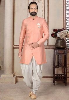 Sherwani For Men, Check Our Wide Range of Stylish and Trending Menswear for Every Special Occasion, Ceremony, Function, Marriage, Wedding, Etc, Product Details: Top Details: Color - Peach Fabric - Banarasi Silk Bottom Details: Color- White Style - Harem Fabric - Banarasi Silk **Important Note 1 CUSTOMIZATION - We Can Customize the Products That Are Not Printed, Contact Us Via Messages If You Have Any Queries. ---------------------------- COLOR - Color Can Be Customized for the Products(not Print Indian Wedding Outfits For Men, Outfit For Groom, Sleevless Coat, Sherwani With Dhoti, Wedding Outfits For Men, Achkan For Men, Vs Image, Kawaii Clothes Goth, Mens Wear Wedding