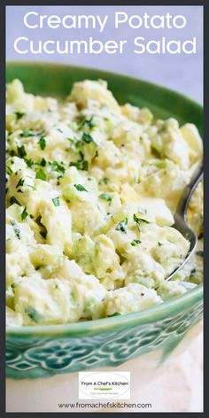 creamy potato cucumber salad in a green bowl