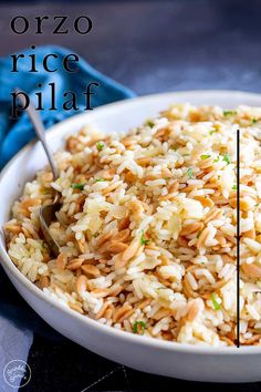 rice plas with orzo in a white bowl on a blue cloth and text overlay