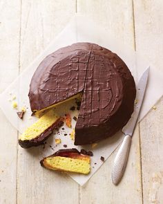 a chocolate cake with one slice cut out