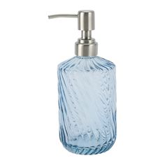 a blue glass soap dispenser on a white background