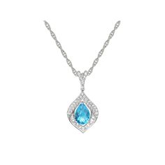 Add timeless elegance to your jewelry collection with this Sterling Silver Blue Topaz Pendant. Add timeless elegance to your jewelry collection with this Sterling Silver Blue Topaz Pendant. FEATURES Pendant dimensions: 0.56''x0.39'' Chain length: 18 in. Chain type: rope Clasp: spring-ring Nickel free Metal: sterling silver Plating: rhodium Finish: polished Packaging: boxedSTONE DETAILS Stone type: blue topaz, lab-created white sapphire Total weight: 1 1/8 ct. Center stone weight: 3/4 ct. Center Blue Topaz Pendant, Topaz Pendant, Baguette Cut, White Sapphire, Silver Blue, Spring Rings, Chain Lengths, Chain Length, Blue Topaz