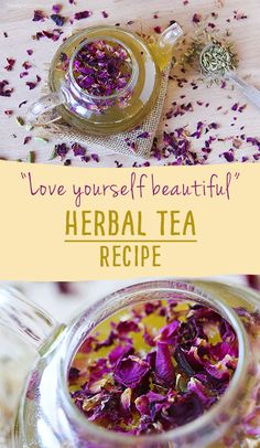 a jar filled with purple flowers next to a spoon and glass container full of tea