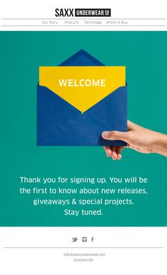 someone is holding up a blue envelope with the words welcome on it that says, thank you for signing up, you will be the first to know about new releases, giveaway & special projects stay