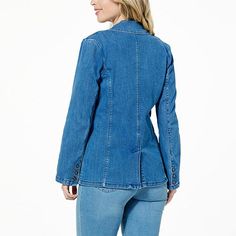 MarlaWynne Denim A-line Blazer  No longer made for business-only attire, this soft, stretch denim blazer jacket brings ultra-cozy comfort to a classically sophisticated look. Denim Blazer Jacket, Summer Blazer, Denim Blazer, Church Decor, Draped Fabric, Princess Seam, White Summer, Comforters Cozy, Sophisticated Look