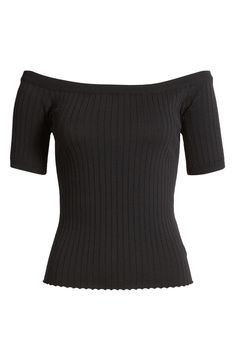 Allover ribbing lends a close fit to this knit top designed in a shoulder-baring silhouette. 17" center front length (size Medium) Off-the-shoulder neck Short sleeves 53% nylon, 47% viscose Hand wash, dry flat Imported Black Ribbed Tops For Fall, Chic Fitted Tops With Ribbed Collar, Elegant Fitted Top With Ribbing, Elegant Fitted Tops With Ribbing, Spring Boat Neck Knit Top, Fitted Black Ribbed Knit Top, Chic Knit Tops With Ribbed Collar, Spring Knit Boat Neck Top, Black Fitted Boat Neck Top