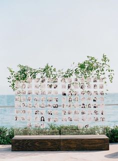 a bench sitting next to the ocean with pictures on it