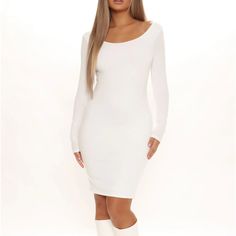 Fashionnova White Midi Dress Long-Sleeve Size M White Bodycon Midi Dress For Winter, White Bodycon Midi Length Sweater Dress, White Bodycon Midi Sweater Dress, White Bodycon Sweater Dress Midi Length, Casual White Long Sleeve Bodycon Dress, White Fitted Long Sleeve Dress For Night Out, Casual White Bodycon Dress For Fall, White Long Sleeve Bodycon Mini Dress, Long Sleeve Bodycon Dress For Brunch