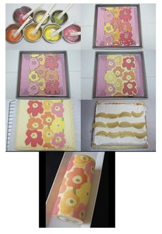 four pictures showing different stages of cake decorating with icing and flowers on them