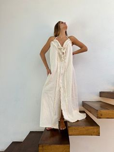 "ALLE BOHO \"TESSY\" Beach Maxi Dress, features \"V\" shape front and backless self-tie, artisanal fabric, wear it as a bikini cover-up, or for a evening event. This maxi dress is everything that you want for your next vacation. We are so proud to make Artisanal Clothing using only RAW Cotton that feels and looks very basic and natural. Our clothes do not only look natural and beautiful, but they are also made in the most natural and beautiful way. Details: One Shoulder Dress See tie with a cott New Dress Collection, Boho Swim, Honeymoon Style, Beige Boho, Beach Maxi Dress, Backless Maxi Dresses, Maxi Dress Wedding, Organic Clothing, Beach Dresses