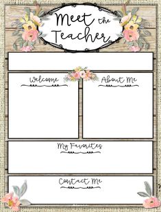 a sign that says meet the teacher with flowers on it