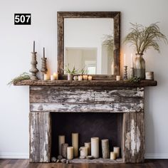 an old fireplace with candles and mirror on top