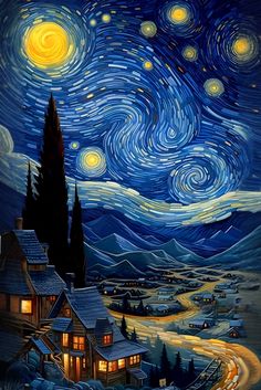 a painting of a night sky with stars and houses on the road in front of it