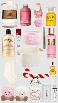 the contents of a woman's personal care product arranged on a white background with pink and gold accents