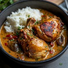 a close up of a bowl of food with rice and meat on the side,