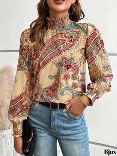 Bjux - Stylish Paisley Print Shirred Blouse, Elegant High Neck Long Sleeve Boho Blouse, Womens Fashion Shirred Blouse, Blouse Elegant, Mock Neck Long Sleeve, Boho Blouse, High Neck Long Sleeve, Boho Blouses, Color Khaki, Paisley Print, Collar Styles