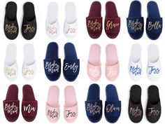 "These personalized hotel/spa slippers are ideal for getting ready on your wedding day. They can be personalized with a custom wedding role and name and are available in sizes for women, men, girls, and boys! Once the heels are off... the slippers are ON, ladies! Keep your besties' feet warm and cozy with these comfy (and glamorous!) personalized slippers! FEATURES Upper material: polyester Sole: padded 4mm* EVA sole with cardboard for extra comfort The non-woven dot cloth sole is suitable for c Bachelorette Slippers, Hotel Slippers, Bridesmaid Slippers, Girls Weekend Gifts, Bridal Slippers, Personalized Slippers, Bride Slippers, Spa Weekend, Custom Makeup Bags