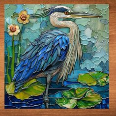 a blue heron sitting on top of a green lily pad next to water lilies