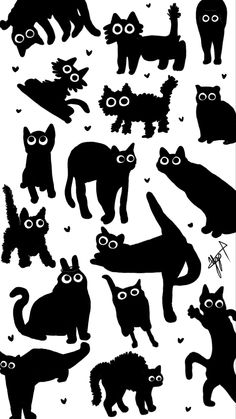 black and white silhouettes of cats with glasses on their eyes, one cat is looking at the camera