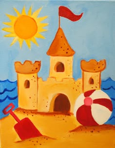 a painting of a sand castle with a beach ball and umbrella