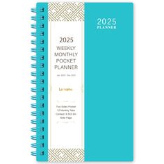 a blue planner book with the words, weekly pocket planner and two lines on it