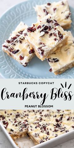 cranberry bliss bars on a blue plate with the title text overlay reads, starbuck's copycat cranberry bliss