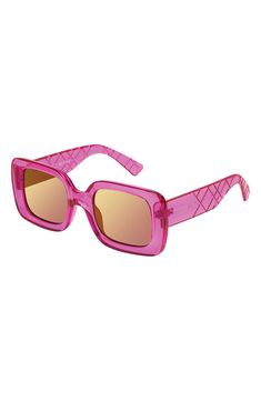 Gleaming logos add designer distinction to the temples of these modern rectangle sunglasses that'll make a statement with your sunny look. 51mm lens width; 23mm bridge width; 145mm temple length 100% UV protection Plastic Imported Rectangle Sunglasses, Fuchsia Pink, Kurt Geiger, Uv Protection, Nordstrom Rack, Temple, Flash, Bridge, Nordstrom